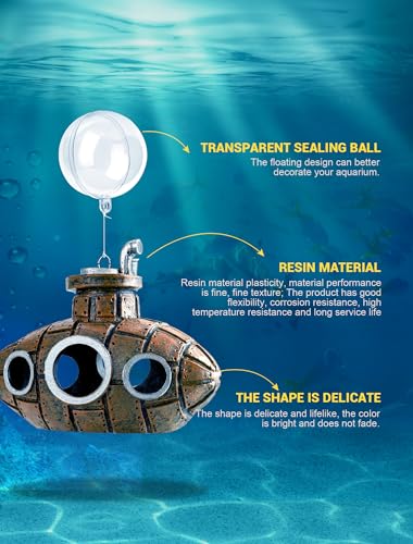 Floating Submarine Aquarium Decoration with 2 Float Balls | Resin Floating Submarine Ornament with 2 Clear Balls and Adjustable Line for Aquariums, Fish Tanks and Terrariums - size: 4.9'' Floating submarine