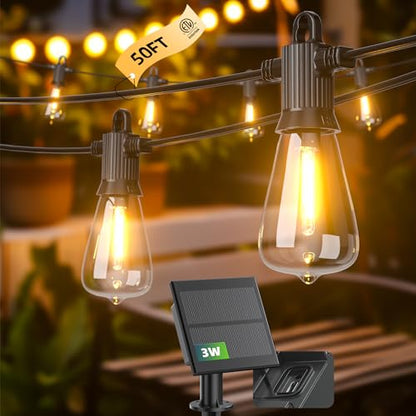 Kawaya Solar Powered String Lights: 50 FT LED Outdoor Patio Hanging Lights with 25+2 Edison Bulbs - USB-Charging - IP65 Waterproof Shatterproof Edison Bulbs for Bistro Cafe Camp Yard Balcony - size: 50FT New