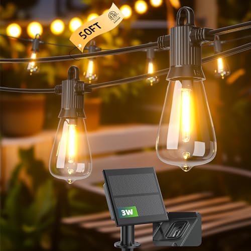 Kawaya Solar Powered String Lights: 50 FT LED Outdoor Patio Hanging Lights with 25+2 Edison Bulbs - USB-Charging - IP65 Waterproof Shatterproof Edison Bulbs for Bistro Cafe Camp Yard Balcony - size: 50FT New