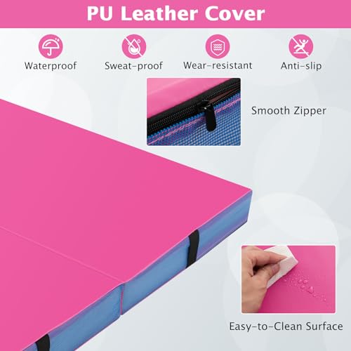Giantex 4" Thick Folding Gymnastics Mat, 4' x 4' Bio-Folding Exercise Mat with Carry Handles & PU Leather Cover, Gym Home Tumbling Mat for Kids, Yoga, Fitness, Pilates & Martial Arts - color: Pink