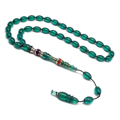 EXCLUSIVE COLLECTION -Handmade Silver Engraved Bakelite Tesbih, Tasbih, Islamic Rosary, Islamic Prayer Beads, Misbaha (7x10mm 33 Teal Green Beads) - color: 7x10mm 33 Teal Green Beads