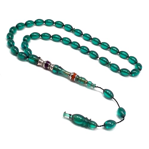 EXCLUSIVE COLLECTION -Handmade Silver Engraved Bakelite Tesbih, Tasbih, Islamic Rosary, Islamic Prayer Beads, Misbaha (7x10mm 33 Teal Green Beads) - color: 7x10mm 33 Teal Green Beads