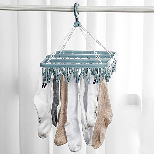 Clothes Drying Hanger with 32 Clips and Drip Foldable Hanging Rack (Light Blue)