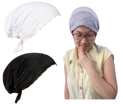 3Pack Islamic Muslim Under Hijab Cap Inner UnderScarf for women Lace Under Scarf Hat Hijab Cap with Tie - color: White Black Light Grey