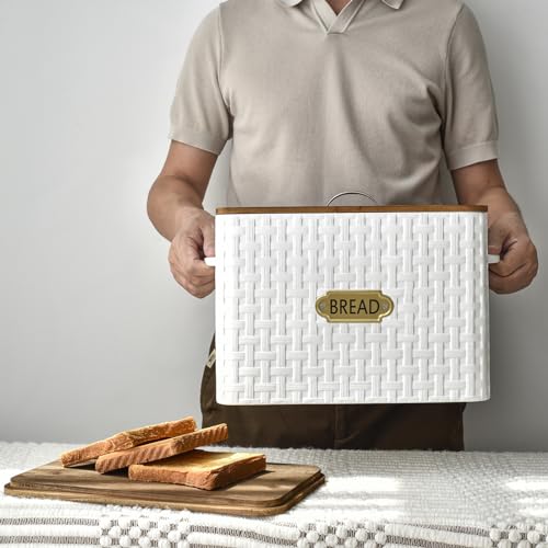 EMAX HOME Extra Large Space Saving Farmhouse Bread Box With Wood Lid - Vertical Breadbox Bread Storage Bin Holder for Kitchen Countertop, White - color: Weaving embossing