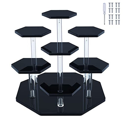 Acrylic Cupcake Stand with Patented 7-Tier Stable Design, Clear Perfume Organizer and Dessert Display Riser, Non-Wobble Tiered Display Stand for Figures, Collections, Vendor Events & Party(Small-Black)