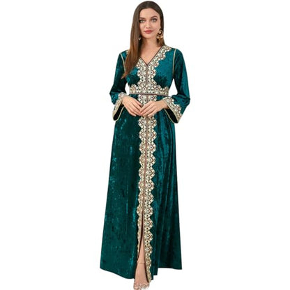 IDOPIP Muslim Women Velvet Dress Embroidery Abayas Long Sleeve V-Neck Moroccan Maxi Kaftan Dubai Robe Arabic Islamic Clothing - color: Dark Green, size: XX-Large