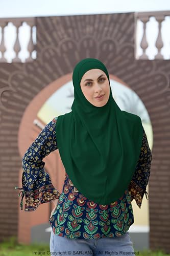 SARJANA Women's Solid Color Cotton Hijab with Under Scarf Cap Ready to Wear Stretch Scarves Long Scarfs FREE SIZE - color: Dark Green