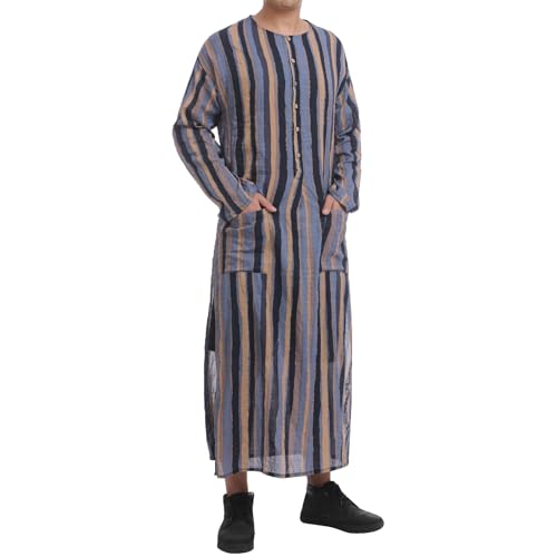 IWEMEK Muslim Thobe for Men Striped Kaftan Thobe with Pockets Saudi Arabic Robe Button up Dubai Abaya Caftan Ramadan Clothes - color: Blue, size: Medium