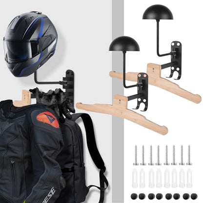 Motorcycle Helmet Rack Wall Mount 180 Degree Rotation Metal Bike Helmet Holder Mount Bicycle Helmet Display Hanger Stand with Wood Hanger & 2 Hooks for Motorcycle Bike Baseball Rugby Helmet - 2 Pack - color: Black(2PCS with Hanger)