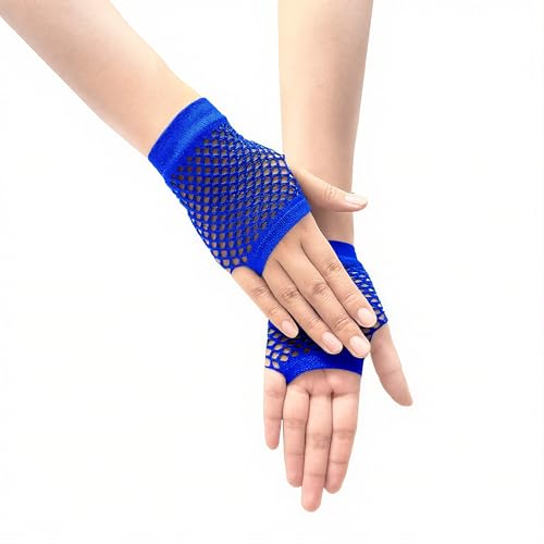 Short Fishnet Gloves for Women Fingerless Mesh Fishing Net Gloves 80s Fish Net Arm Sleeves Halloween Party Cosplay Costume - color: Royal Blue