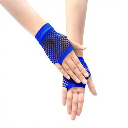 Short Fishnet Gloves for Women Fingerless Mesh Fishing Net Gloves 80s Fish Net Arm Sleeves Halloween Party Cosplay Costume - color: Royal Blue