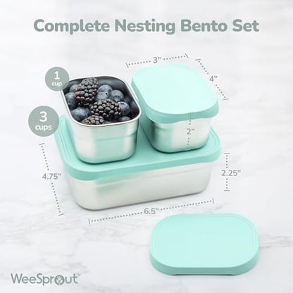 WeeSprout Stainless Steel Lunch Box Set - 750mL & 230mL Food Storage Nested Bento Boxes with Food Grade Silicone Lid - Leak Proof - Freezer Safe (Matte Green) - color: Matte Green