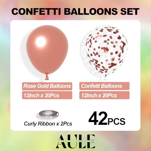 AULE Party Balloons Pack of 42 - Metallic Chrome Rose Gold Balloons and Rose Gold Confetti Latex Helium Balloons With 64ft Ribbons - 12 Inch Balloon Decoration Kit - color: Rose Gold