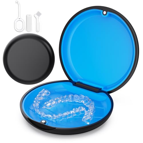 Slim Retainer Case Compatible With Invisalign, Cute Aligner Case With Silicone Pad, Mouth Guard With Removal Tool, Chewy and Brush - Black - color: Black