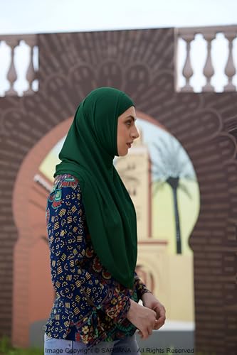 SARJANA Women's Solid Color Cotton Hijab with Under Scarf Cap Ready to Wear Stretch Scarves Long Scarfs FREE SIZE - color: Dark Green