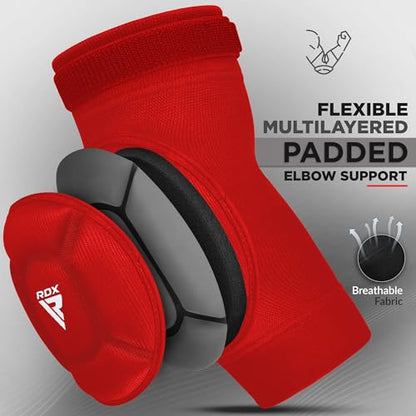 RDX Elbow Pads, Muay Thai MMA Kickboxing Sparring Elbow Guard, Martial Arts Striking Protection,Wrestling Basketball Adjustable MTB Volleyball Compression Padded Sleeve, Men Women - color: Red White, size: Large