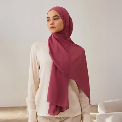 Modest Small Luxury Chiffon Hijab | Premium Lightweight, Flowy and Textured Chiffon Wrap Head Scarf for Women - color: Chateau Rose