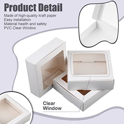 Zonon 30 Pcs Kraft Paper Boxes with Window 4.13 x 4.13 x 1.18 Inch Candy Packaging, Small Gift Boxes, Soap holder, Mini Treat Packaging for Bakery Chocolate Jewelry Display (White) - color: White