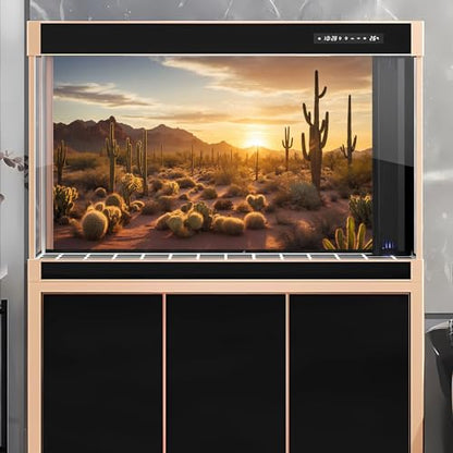 Sunset Desert Reptile Habitat Background Silhouette of Saguaro Cactus Arid Mountain Range Terrarium Background Cacti Sand with Dunes Aquarium Background Desert Mountain Fish Tank Background 24x16in - color: Cactus Orange, size: 24(W)x16(H)in
