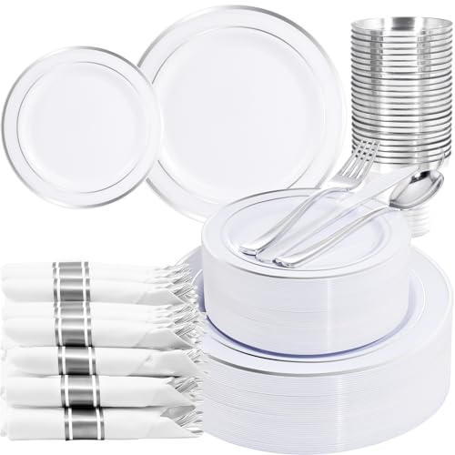 WELLIFE 210 Piece Silver Plastic Dinnerware Set for 30 Guests, Include: 30 Dinner Plates, 30 Dessert Plates, 30 Pre Rolled Napkins with Silverware and 30 Silver Cups - color: Silver, style: 210PCS（30 Guests）