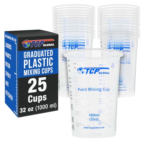 TCP Global 32 oz. (1000ml) Graduated Plastic Mixing Cups (Box of 25) - Disposable Plastic Measuring Cups for Liquids, Paints, Resin, Epoxy, Art, Kitchen - Ratios 2-1, 3-1, 4-1 ML