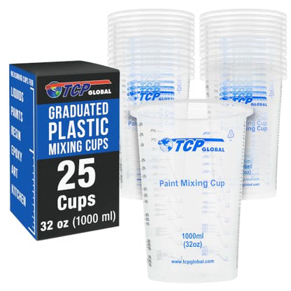 TCP Global 32 oz. (1000ml) Graduated Plastic Mixing Cups (Box of 25) - Disposable Plastic Measuring Cups for Liquids, Paints, Resin, Epoxy, Art, Kitchen - Ratios 2-1, 3-1, 4-1 ML