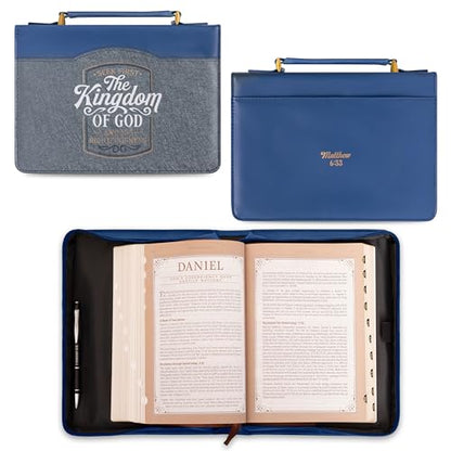 Christian Art Gifts Vegan Leather Fashion Bible Cover Carry Case for Women: Seek First the Kingdom of God - Mat. 6:33 Inspirational Scripture Verse w/Pockets, Pen Storage & Gold, Metallic Blue, Medium - size: Medium