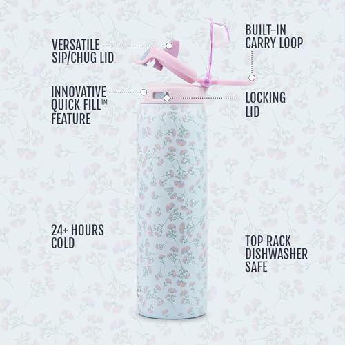 Ello Pop & Fill Insulated Stainless Steel Water Bottle with Quick Fill Lid, Leakproof Locking, Sip or Chug Spout, BPA-Free, Double Wall Vacuum Insulated for Sports, Travel & School- 22oz / 32oz / 40oz - color: Serene Blooms, style: 32oz