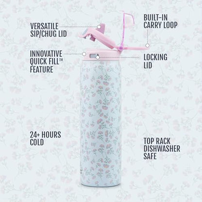 Ello Pop & Fill Insulated Stainless Steel Water Bottle with Quick Fill Lid, Leakproof Locking, Sip or Chug Spout, BPA-Free, Double Wall Vacuum Insulated for Sports, Travel & School- 22oz / 32oz / 40oz - color: Serene Blooms, style: 32oz