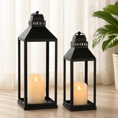 Decorative Lanterns Indoor Outdoor, 2Pcs 17" 13" Black Lantern with Candles - color: Black, size: 17in and 13in