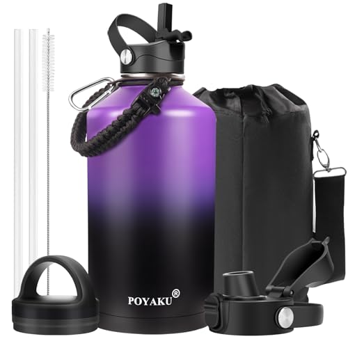 Water Bottle Insulated 32oz 40oz 64oz 128oz Straw Lid Spout Lid & 3 Lids, Leak Proof, Vacuum Insulated,Stainless Steel Water Bottle Wide Mouth for Sports, Gym or Office - color: Purple Black, size: 128 Ounces