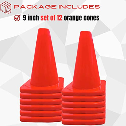 Versatyle Heavy Duty Agility Training Cones (2 in, 6 in, 9 in, 12 in, 28 in) for Sports, Kids Coaching, Multipurpose Field Marker Cones, Soccer, Basketball Drills, Bike, Motorcycle, Traffic Training - style: 9in, Orange