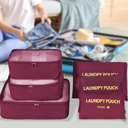 6 Set Travel Packing Cubes Lightweight Nylon Suitcase Luggage Organizer Bags Machine Washable Travel Clothes Packing Bag (Purple red) - color: Purple red 6 Set