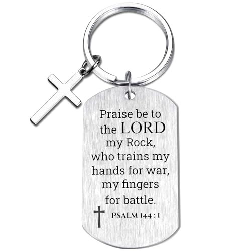 Inspirational Scripture Keychain with Cross - Bible Verse Matte Key Chain Religious Gift for Christian - style: Psalm 144:1