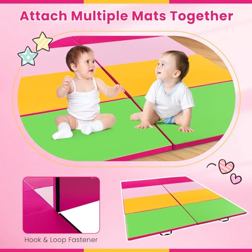 Giantex 4'x10'x 2" Gymnastics Mat, 4-Panel Folding Aerobics Exercise Mat w/Hook & Loop Fastener, Carrying Handle, Portable Tumbling Mat for Stretching Yoga Cheerleading Martial Arts - color: Green/Yellow/Pink