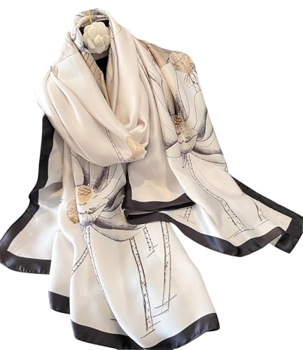 Womens 100% Large Mulberry Silk Scarf Long Satin Scarf Fashion Lightweight Wraps - color: Lotus Ink-wash Monochromatic