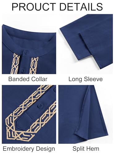 Runcati Mens Kaftan Thobe Button Down Casual Henley Shirts Long Sleeve Robe Cotton Linen Muslim Gown Shirt - color: Navy, size: Large
