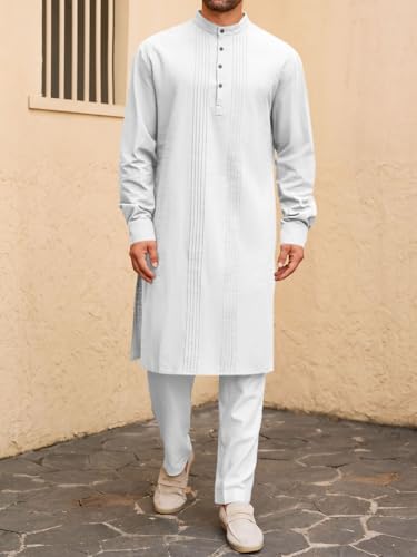 Runcati Mens Kaftan Robe Button Down Long Sleeve Cotton Linen Thobe Casual Muslim Gown Henley Shirt - color: White, size: X-Large
