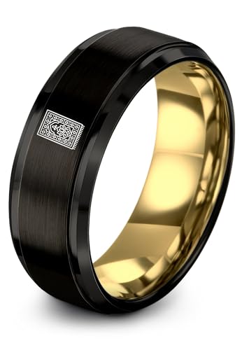 Gift for Muslim Devotee - Prayer Rug Pattern Ring - Black Yellow Rose Gold - Band - Anniversary Wedding - Personalized Custom Engraving - Flat Dome Bevel - 8mm - Men Women - Tungsten Carbide - color: 06 - Yellow Gold Black Tungsten