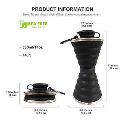 Collapsible Water Bottle, Camping Cup With Carabiner, Reuseable Silicone Foldable Leak Proof Portable Sports Travel Water Bottles For Outdoor, Travel Gym Hiking, BPA Free, Cycling Cups with Carabiner