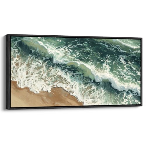 wall26 Extra Large Framed Wall Art Canvas Print - Aerial Green Wave Sandy Beach - Contemporary Artwork for Living Room Bedroom Office - 60"x30" Black - color: AS10-2606-YUK17, size: 60"L x 30"W, style: Black Frame