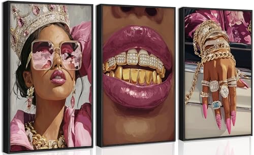 3 Pcs Unframed Pink Black Girl Wall Art Luxury African American Wall Decor Pictures Modern Fashion Woman Room Canvas Poster Prints for Home Bedroom Living Bathroom Decorations - color: Girl, size: 16L"x12W"Poster