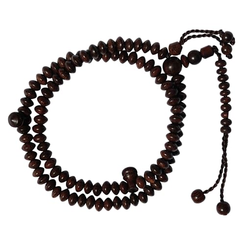 Handcrafted Tamarind Wood Prayer Beads - 99 Beads with Brown Tassels, Flat Saucer 5x9mm bead Tasbih