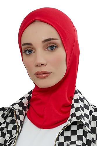 Aisha's Design Instant Turban 95% Cotton Head Scarf Headwear Combed Cotton Ninja Cap, Slip on Jersey Hijab - color: Red