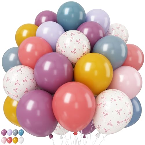 Fairy Balloons Pastel Bow Colorful Retro Rainbow Spring Wildflower Balloons Assorted Colors, 52 Pcs 12 In Pink Purple Blue Yellow Balloon Florar Bow Print Balloon Bulk for Easter Bridal Baby Shower - color: Retro Blue Purple Yellow - Bow