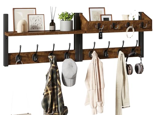 YMYNY 31.5" Coat Rack Wall Mount with Shelf, 4 in 1 Key and Coat Hanger with 12 Metal Hooks, Wall Shelf with Hooks & Mail Holder for Living Room, Bedroom, Rustic Brown, HWS007H-2 - color: Rustic Brown, size: 31.5" - 4-in-1