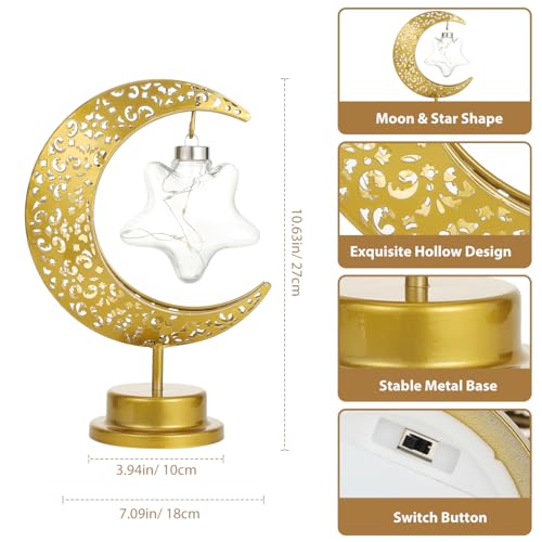 Lewondr Decorative Moon Star Table Lamp, Battery Operated Desk Warm Light | Ramadan Eid Mubarak Festival Decoration, Cordless Metal Crescent Star Lantern Light for Bedroom Nightstand, Desktop & Holiday - style: Star Moon