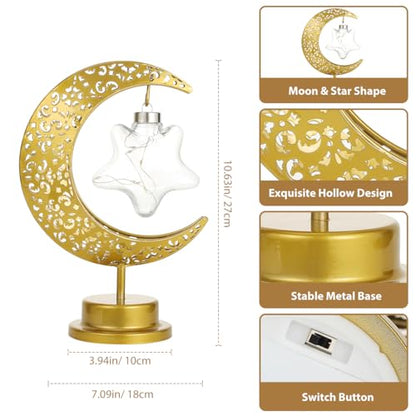Lewondr Decorative Moon Star Table Lamp, Battery Operated Desk Warm Light | Ramadan Eid Mubarak Festival Decoration, Cordless Metal Crescent Star Lantern Light for Bedroom Nightstand, Desktop & Holiday - style: Star Moon
