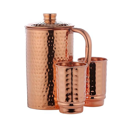 Copper Pitcher with 2 Copper Cups Set | Pure Copper Water Jug & matching tumblers Set for Home & Wellness, Hammered Finish Handcrafted for Daily Hydration & Natural Living